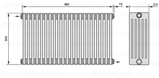 Схема (чертеж) Радиатор Zehnder Charleston 6090/21 №1670 Белый глянцевый RAL 9016